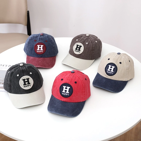 Cappellino Da Baseball In Cotone Lavato Per Bambini Ricamo Happy Cappello Da Sole Retro Patchwork Regolabile