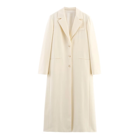 Cappotto Blazer Lungo Da Donna Collo A Revers Monopetto Tinta Unita Sopra Il Ginocchio Elegante Poliestere Beige Streetwear Casual
