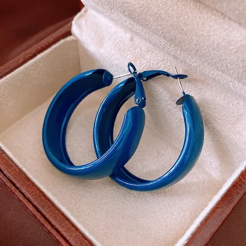 Vintage Blue Hoop Earrings With Silver Earring Post Wide Enamel C Shape Glossy Retro Jewelry For Women