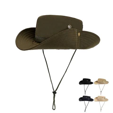 Outdoor Wide Brim Bucket Hat Sun Protection Foldable Fishing Boonie Hat With Windproof Rope Breathable Cotton Polyester