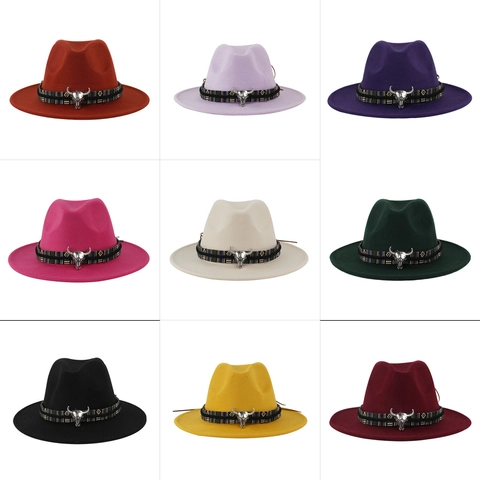 Ethno-Böhmischer Fedora-Hut Mit Metall-Stierkopf Stammes-Webband Breiter Krempe Cowboy Jazz-Hut Für Herren Damen Polyester Filzhut