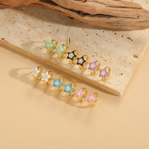 Vintage Copper Star Ear Buckle For Women Gold Plated Zirconia Enamel Minimalist Exquisite Star Hoop Earrings Jewelry Gift