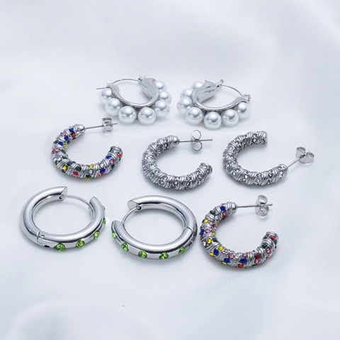 Stainless Steel Hoop Stud Earrings With Zircon Rhinestone And Faux Artificial Pearl Retro Light Luxury Style Jewelry For Women