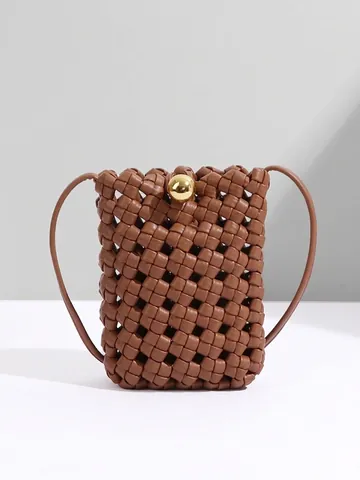 Bolso Bandolera Para Teléfono De Cuero PU Trenzado Para Mujer Mini Bolso De Hombro Con Cierre De Bola Dorada Retro Minimalista