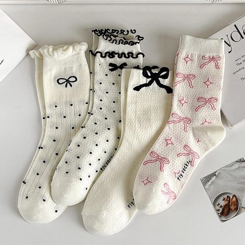 Chaussettes Mi-Mollet en Coton Doux Style Japonais pour Femmes Avec Nœud Bordure à Volants Pois Respirantes Minces Printemps Été