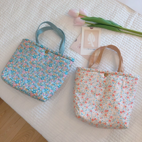 Borsa Pranzo Floreale A Mano In Cotone Spesso Pochette Bento Con Fodera In Alluminio E Bottone A Pressione Donne