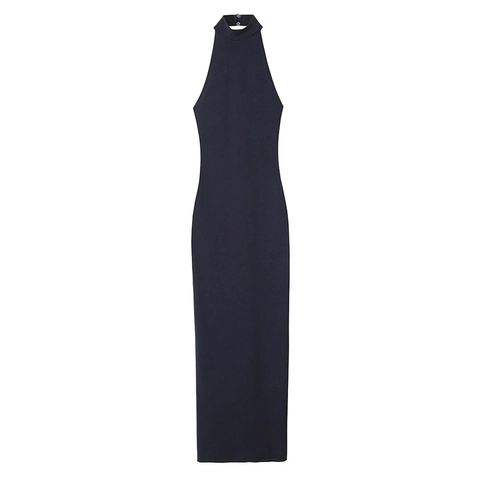 Halter Neck Maxi Jurk Polyester Gebreid Mouwloos Geplooid Rugloos Slanke Pasvorm Elegant Feest Avondkleding Voor Dames