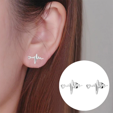 Boucles d'Oreilles Clous en Acier Inoxydable Battement de Cœur ECG pour Femmes Or Argent Noir Cœur Stéthoscope Bijoux