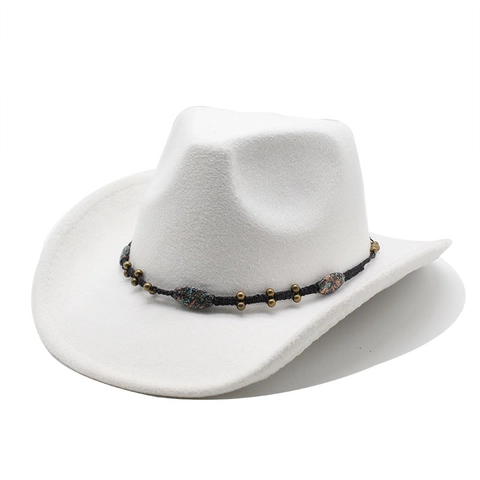 Western Cowboy Hat Cotton Polyester Felt Wide Brim Vintage Ethnic Beaded Band Turquoise Decor Outdoor Travel Retro Fedora