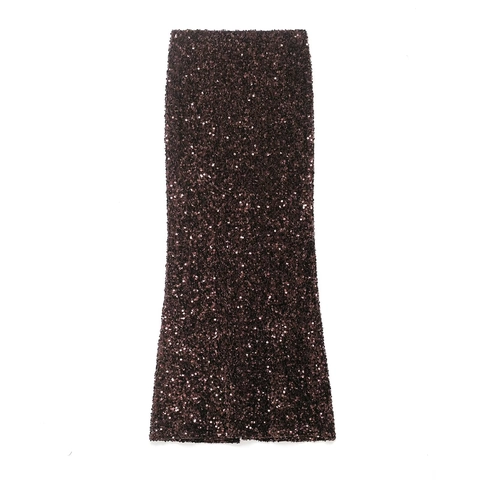 Women Sequin Long Skirt High Waist Shimmering Fishtail Maxi Skirt With Slit Elegant Sexy Party Wear Coffee Brown Polyester