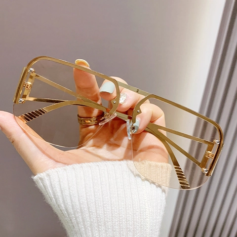 Lunettes De Soleil Aviateur Surdimensionnées Demi Monture Métal Protection UV400 Branches Géométriques Creuses Pour Femmes