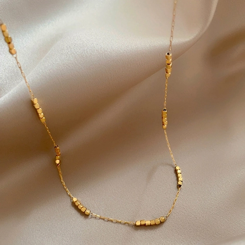 Vintage Stainless Steel Necklace Gold Geometric Square Beads Minimalist Adjustable Clavicle Neck Chain For Women