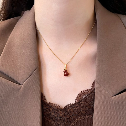 Gourd Pendant Necklace Real Gold Plated Copper With Red Enamel Zircon Inlaid Oriental Vintage Elegant For Women