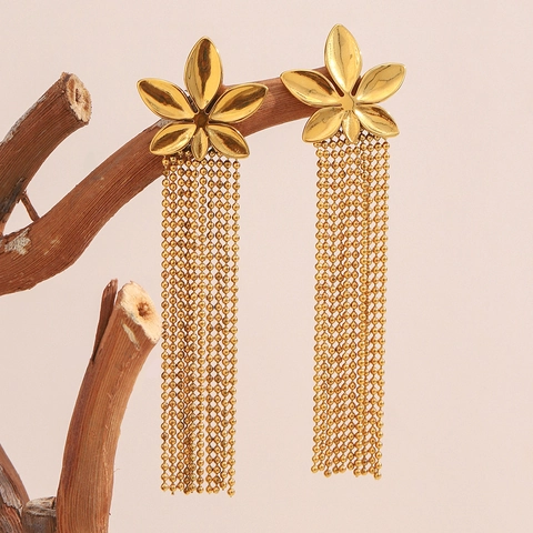 Flower Tassel Earrings Stainless Steel 18K Gold Plated Statement Elegant Long Bead Chain For Women