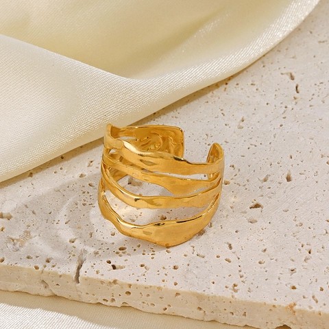 Anillo De Acero Inoxidable Ola Irregular Multicapa Textura Martillada Ajustable Joyería Moda Mujer