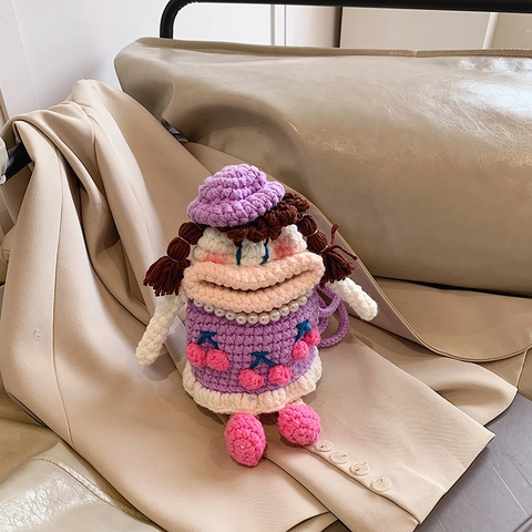 Kids Hand Knitted Yarn Shoulder Bag Ugly Cute Cartoon Doll Crossbody Purse For Toddler Children With Cherry Artificial Pearl Decoration