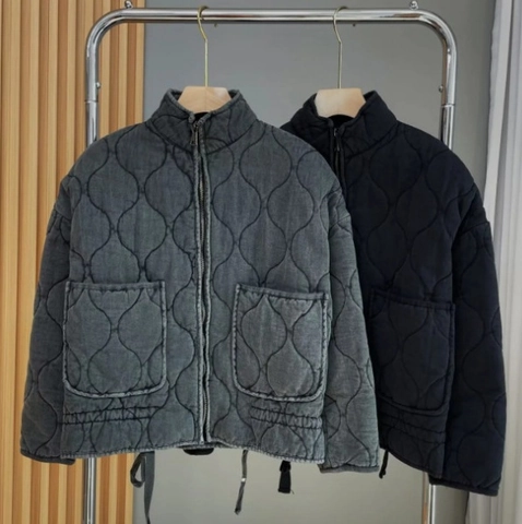 Women Quilted Jacket Stand Collar Zipper Padded Outerwear Large Pockets Drawstring Waist Washed Feel Casual Chic Streetwear