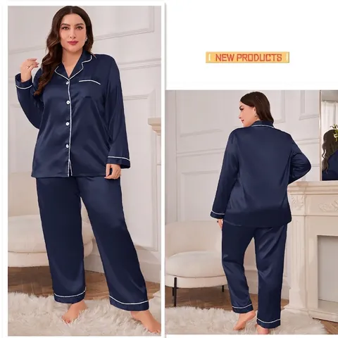 Women Plus Size Pajama Long Sleeve Button Down Top And Pants Satin Contrast Piping Elegant Casual Loungewear