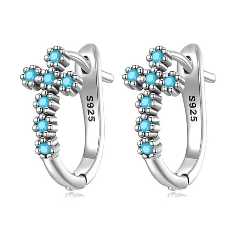 925 Sterling Silver Cross Hoop Earrings For Women Vintage Sky Blue Rhinestone Inlaid Religious Faith Jewelry Gift