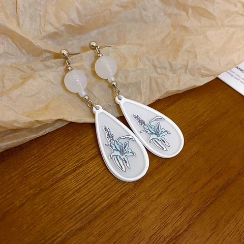 Orecchini Pendenti A Goccia Nuovo Stile Cinese Resina Bianca Fiore Di Giglio Con Perno In Argento Retrò Per Donna