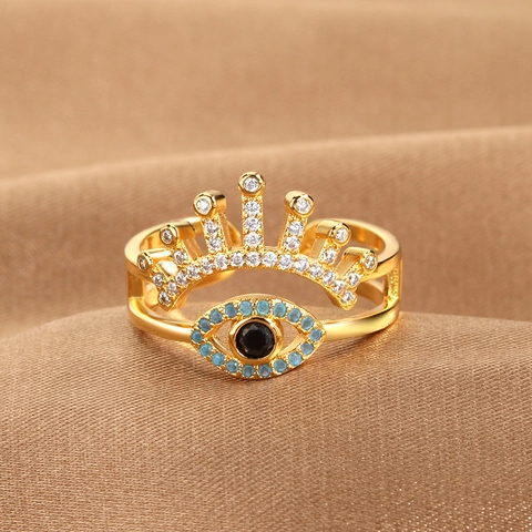Creative Evil Eye Open Adjustable Ring For Women Copper Gold Silver Plated Crown Inlaid Blue White Zirconia Fashion Jewelry