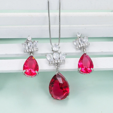 Elegant Crown Design Imitation Ruby Drop Pendant Necklace Earring Jewelry Set Copper Rhinestone Jewelry For Wedding Women