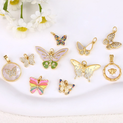 Breloques Pour Fabrication De Bijoux DIY Cuivre Plaqué Or Papillon Abeille Forme De Coeur Zircon Nacre Inlay Élégant