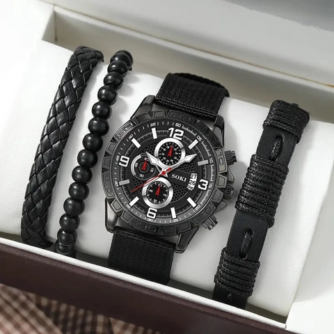 Men Fashion Business Quartz Watch Set With 3Pcs Leather Braided Beaded Bracelets Calendar Faux Three Eye Wristwatch Gift Set