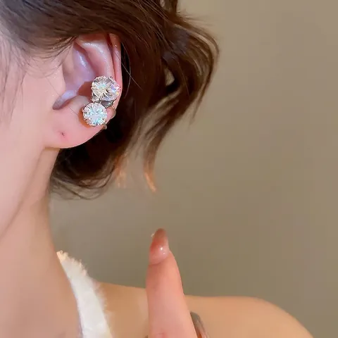 Ear Cuff Con Doppio Zircone Rotondo In Rame Argentato Senza Buco Gioielli Di Lusso Minimalisti Per Donna