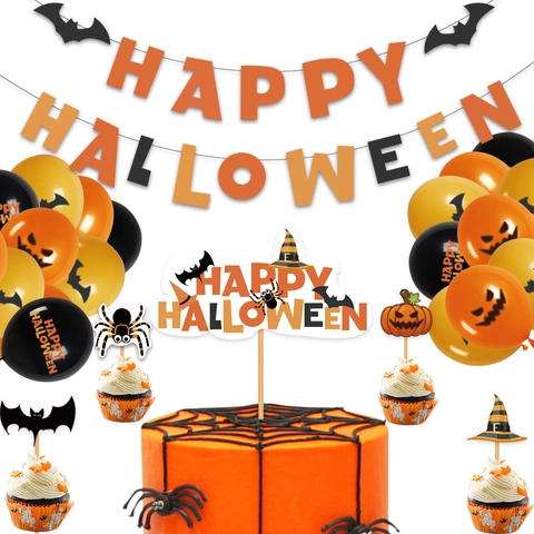 Happy Halloween Banner Und Tortenaufsätze Ballons Partydekoration Papier Latex Partybedarf Orange Schwarz Fledermaus Thema
