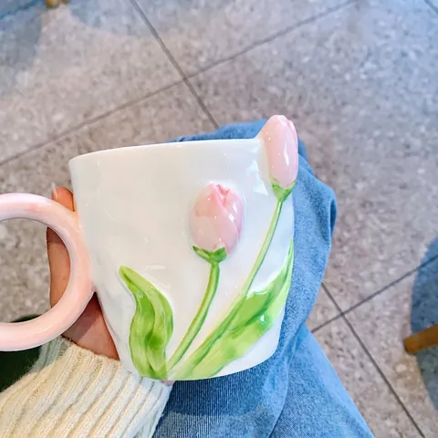 Ceramic Mug 3D Embossed Tulip Flower Rounded Handle With Spoon Creative Cute INS Style Coffee Tea Water Cup Gift Office