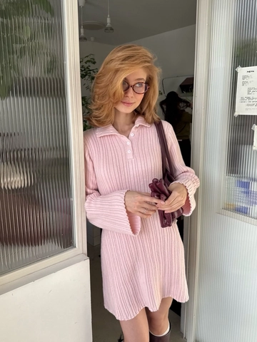 Roze Gebreide Geribbelde Mini Jurk Polo Kraag Knopen Lange Mouwen Slim Fit Herfst