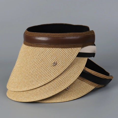 Chapeau Visière En Paille D'été Pour Femmes Bord Large Protection UV Paille De Papier Garniture Cuir PU Haut Vide
