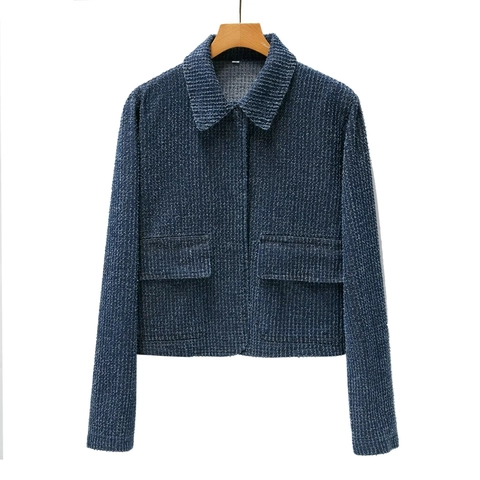Women Tweed Long Sleeve Jacket And Mini Skirt Sea Blue Elegant Textured French Style Casual Outfit