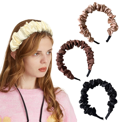 Women Ruched Satin Headband Solid Color Glossy Pleated Scrunchie Hairband Nonslip Elegant Fashion Accessory