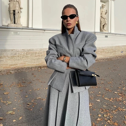 Women Woolen Blazer And Maxi Skirt Long Sleeve Structured Jacket High Waist Pleated Elegant Grey Lady Professional