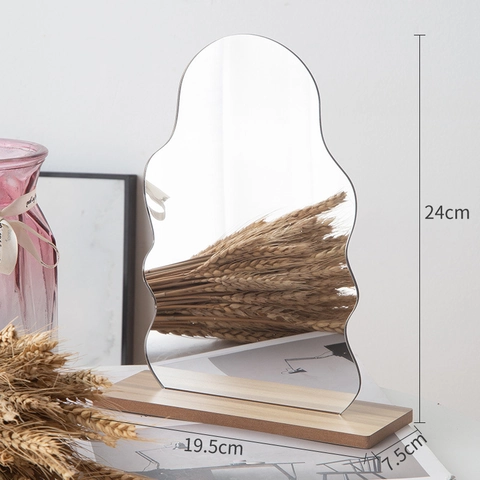 Miroir De Maquillage Bureau Sans Cadre Irrégulier Acrylique Avec Base En Bois Miroir Cosmétique Asymétrique Minimaliste Nordique