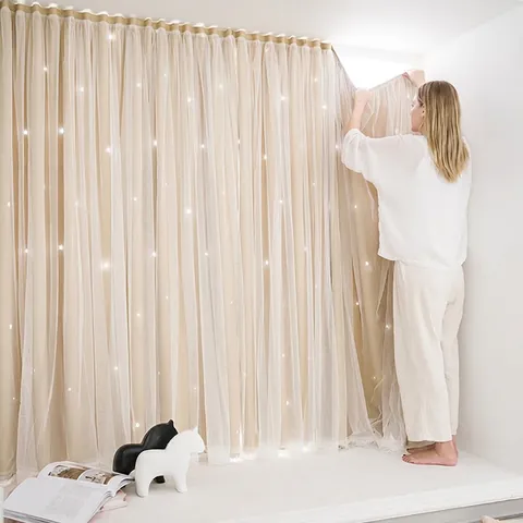 Blackout Curtains Double Layer Star Hollow Out Gauze Velcro No Drill Self Adhesive Romantic Shading For Bedroom