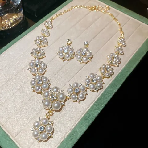 Collar Y Pendientes Flor Joyería Aleación Imitación Perla Artificial Diamante Imitación Estilo Palacio Vintage Mujer Elegante Poste Plata