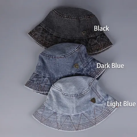 Washed Denim Bucket Hat Retro Contrast Stitching Wide Brim Foldable Sun Protection Casual Basin Cap For Men Women