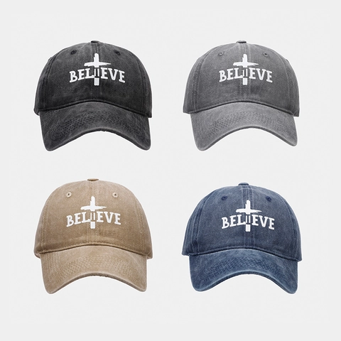 Washed Cotton Baseball Cap Believe Cross Embroidery Distressed Adjustable Sun Protection Hat Retro Casual Sports