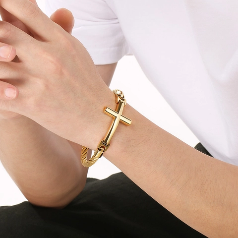 Pulsera De Cruz De Acero Inoxidable Cable Trenzado Punk Hip Hop Joyería Guardián Religioso Para Hombres Unisex Cool