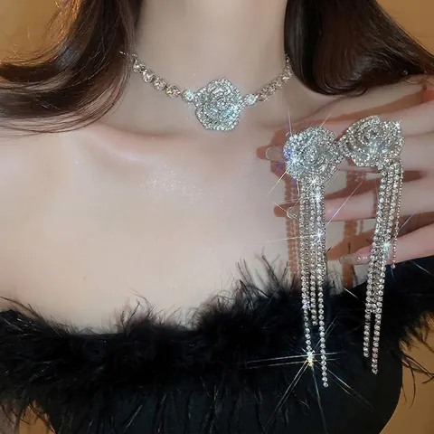Rhinestone Rose Flower Necklace And Earrings With 925 Sterling Silver Earring Post Elegant Party Accessories For Women