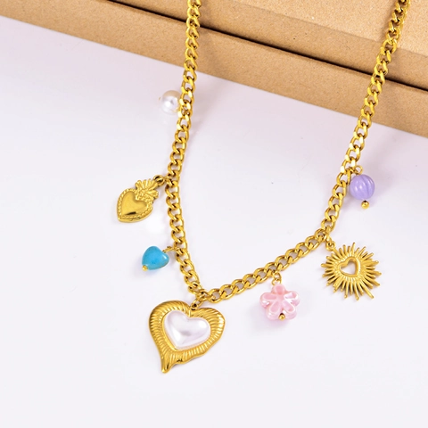 Stainless Steel Heart Artificial Pearl Pendant Necklace Multi Element Floral Gold Chain Fashion Jewelry For Women
