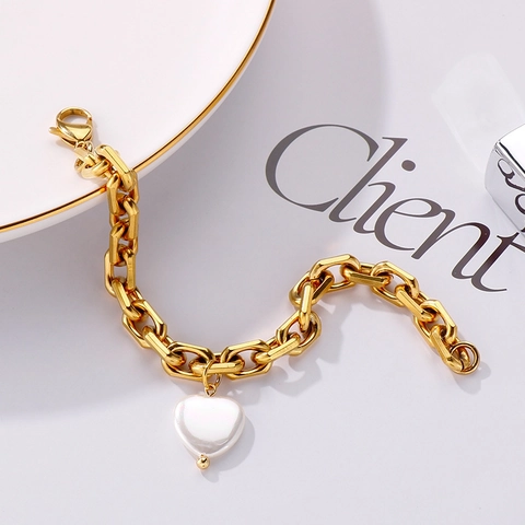 Heart Shell Charm Thick Chain Bracelet Stainless Steel Shell Pendant Fashion Retro Jewelry For Women