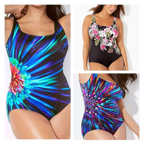 Plus Size Swimsuit Women Printed Tummy Control Wide Straps Bathing Suit Polyester Spandex Beachwear