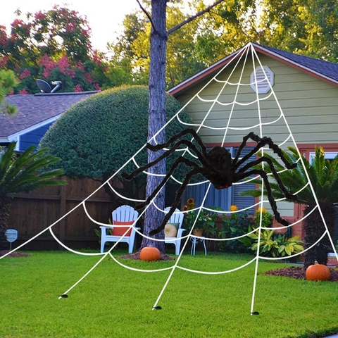 Halloween Riesen Spinnennetz Und Plüsch Spinne Dekoration Mit LED Lichter Für Draußen Spukhaus Party Grusel Requisite
