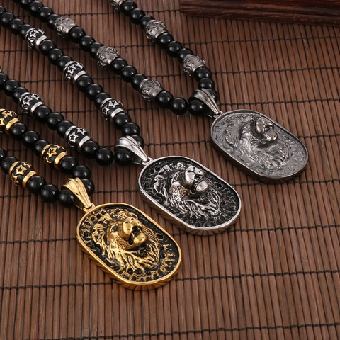 Lion Head Pendant Necklace Vintage Stainless Steel Black Agate Beaded Chain Retro Punk Animal Jewelry For Men