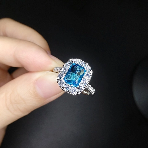 Elegant Copper Rhinestone Adjustable Open Ring Emerald Cut Geometric Square Colorful Gemstone Halo Design For Women Party Jewelry