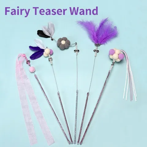 Interactive Cat Teaser Wand Toy With Feather Plush Ball Bell Ribbon Long Glitter Stick Fairy Style For Indoor Cats